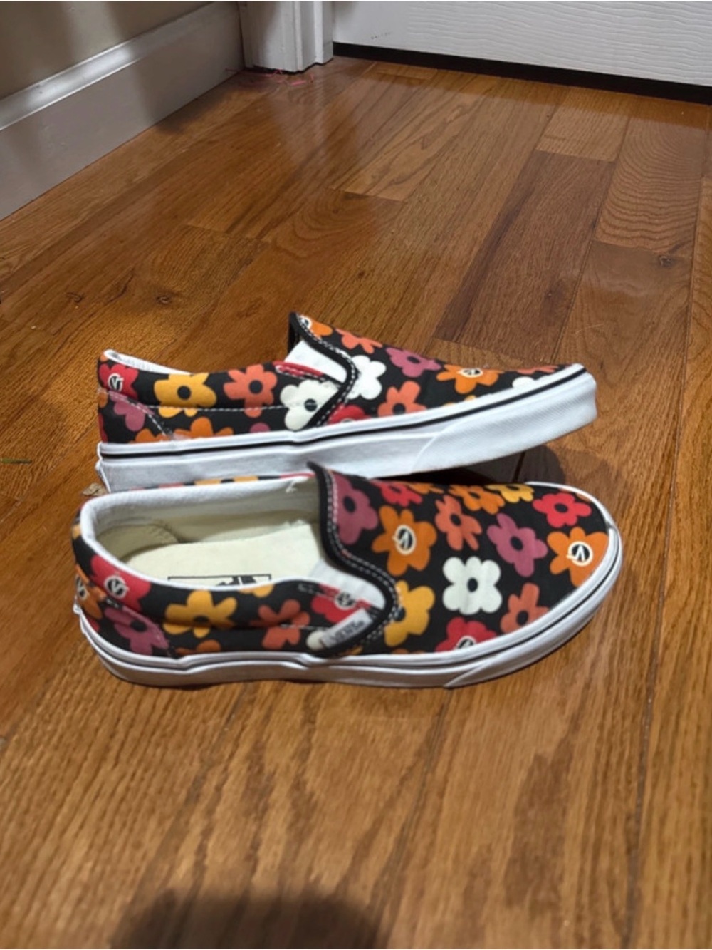 Vans Slip-On Floral Sneakers - Black with Orange, Pink & White Flowers